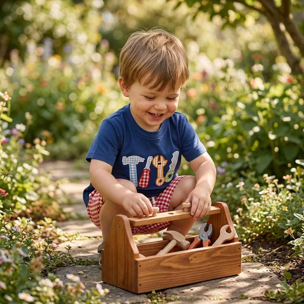 Little Handyman Summer Set – Embroidered Tee & Plaid Shorts (12–36M)    Mimou Babywear