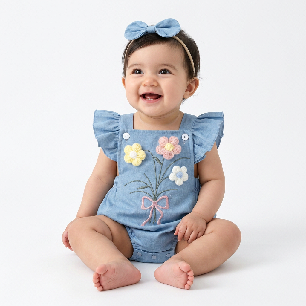 Wildflower Denim Romper – 3D Floral Flutter Sleeve Bodysuit & Bow Headband (0–18M)    Mimou Babywear