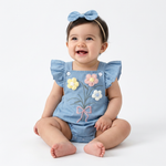 Wildflower Denim Romper – 3D Floral Flutter Sleeve Bodysuit & Bow Headband (0–18M)    Mimou Babywear