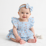 Peach Blossom Muslin Romper – Flutter Sleeve Double Ruffle Bodysuit & Bow Headband (0–18M)    Mimou Babywear
