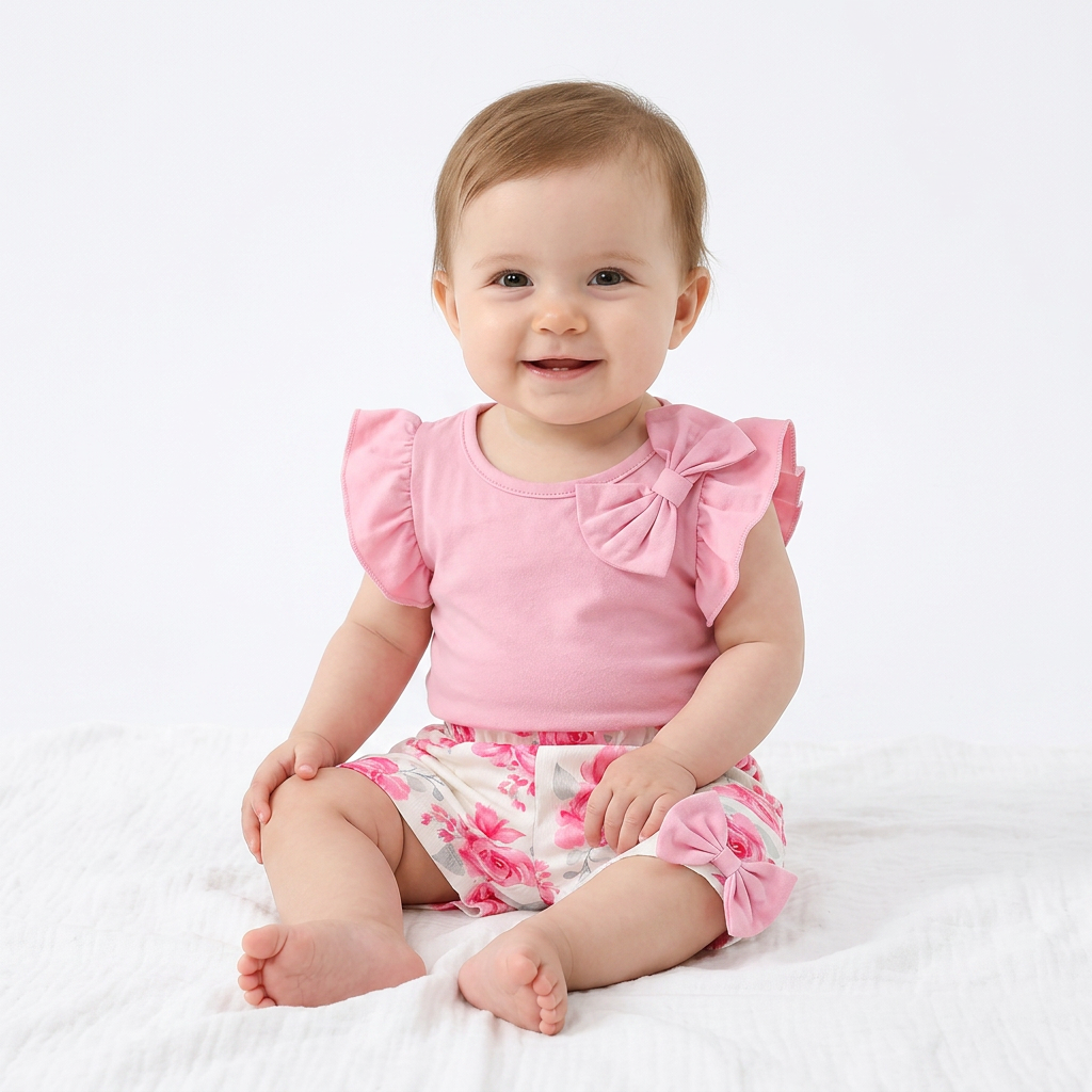 Pretty in Pink Set – Bow Tank Top & Floral Shorts (3–36M)    Mimou Babywear