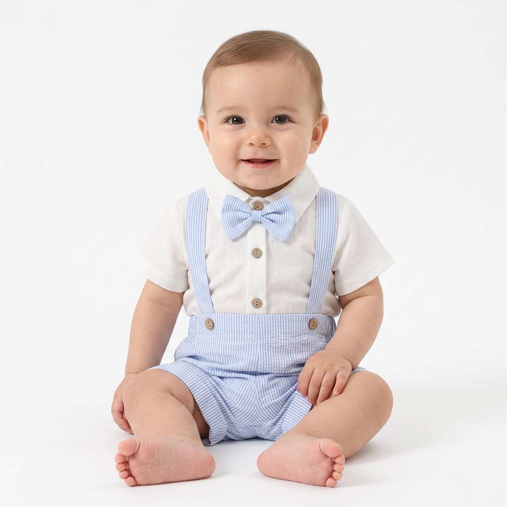 Little Gentleman Set – Cotton Romper, Striped Dungaree Shorts & Bow Tie (3–24M)    Mimou Babywear