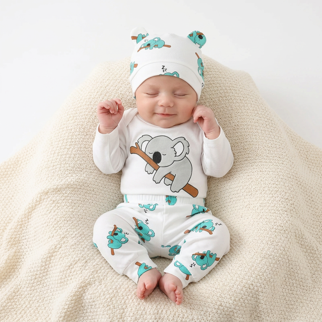 Little Koala 3-Piece Set – Long Sleeve Bodysuit, Trousers & Hat (0–18M)    Mimou Babywear
