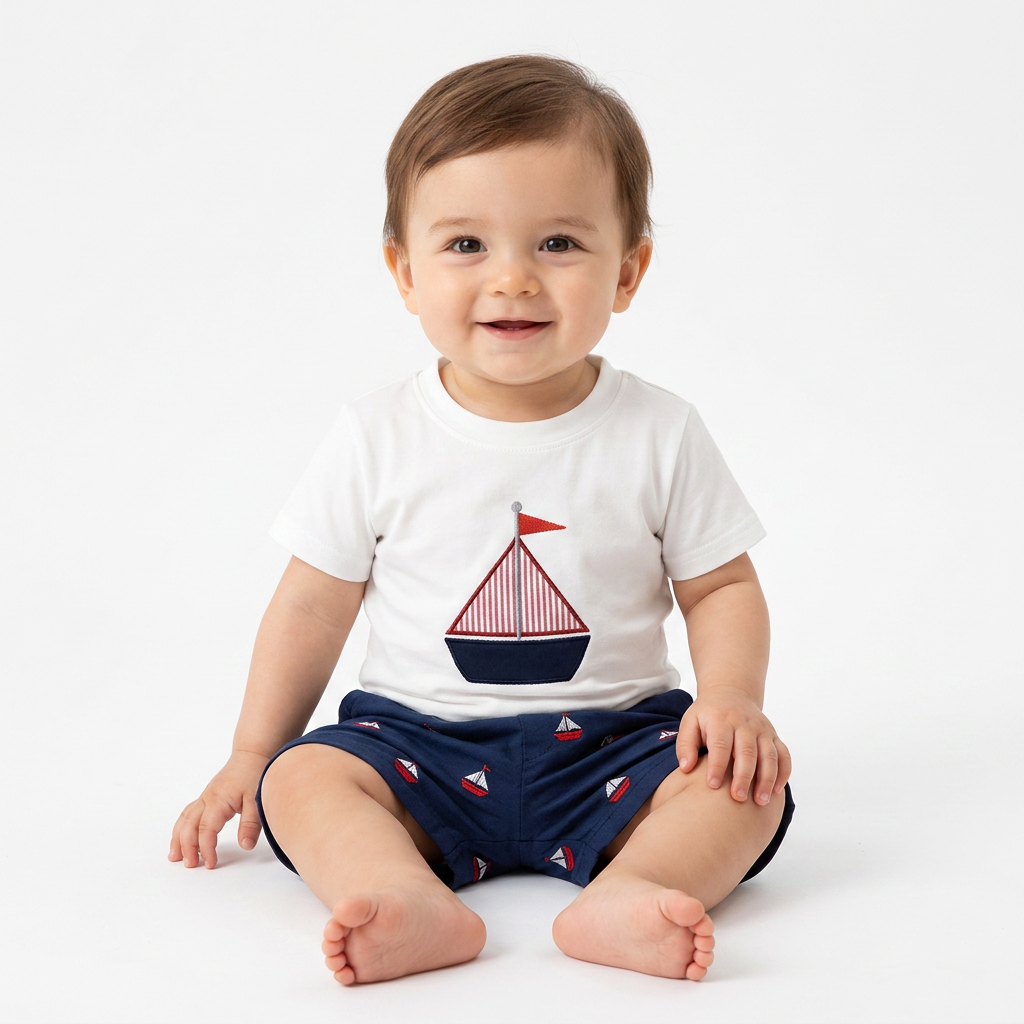 Little Sailor Summer Set – Embroidered Tee & Navy Shorts (12–36M)    Mimou Babywear