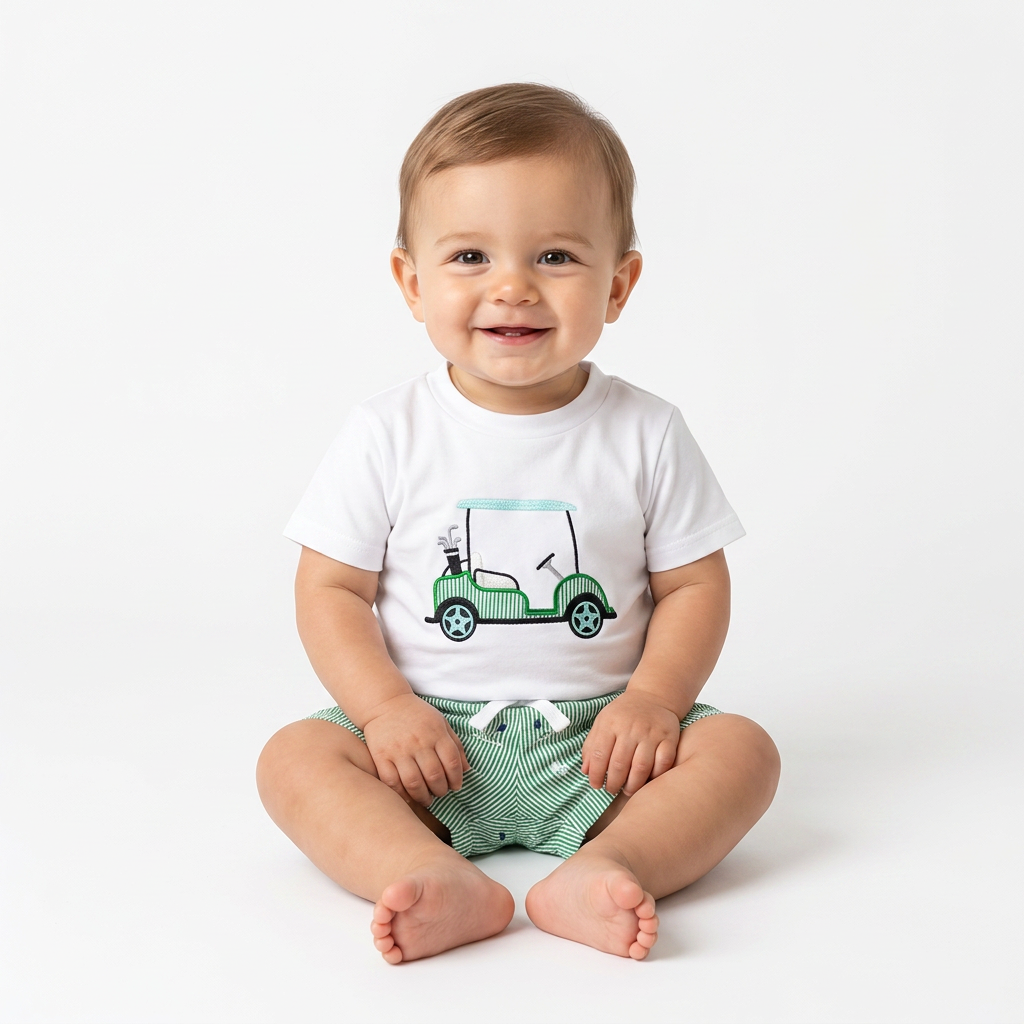 Little Golfer Summer Set – Embroidered Tee & Striped Shorts (12–36M)    Mimou Babywear