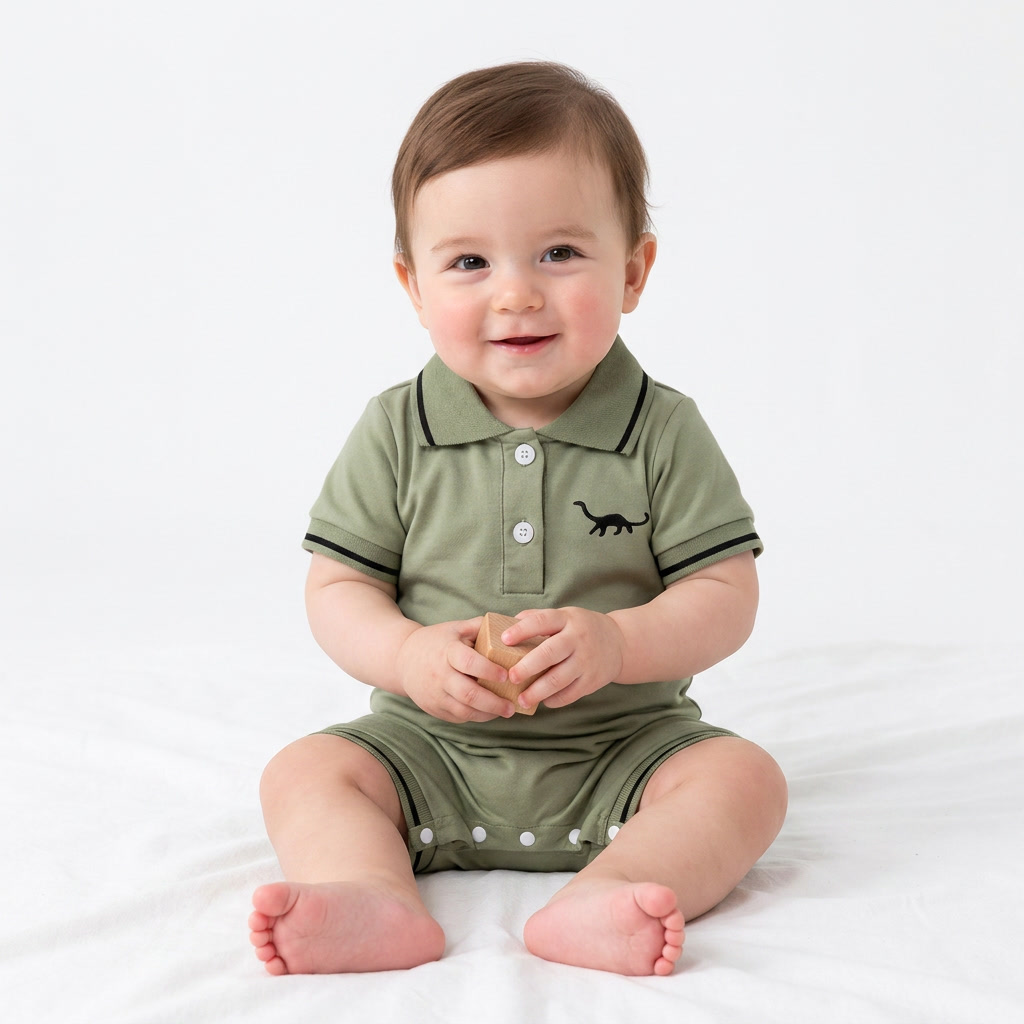 Little Dino Summer Romper – Short Sleeve Half-Button Bodysuit (3–24M)    Mimou Babywear
