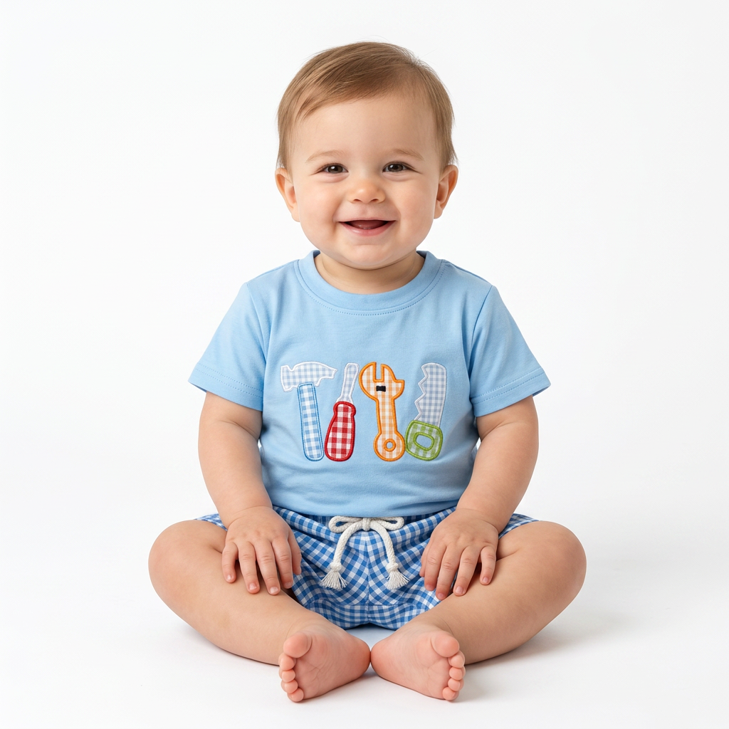 Little Handyman Summer Set – Embroidered Tee & Plaid Shorts (12–36M)    Mimou Babywear