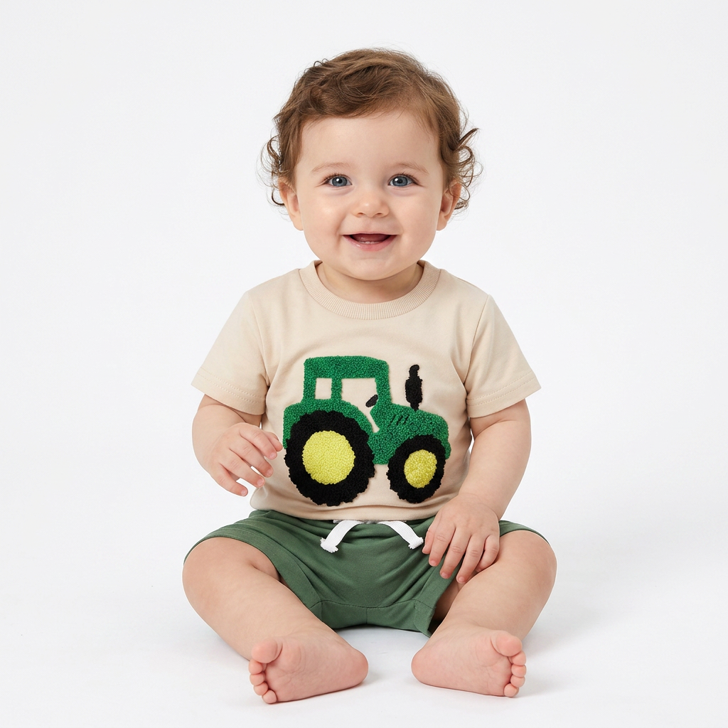 Baby Boy Truck Embroidery 2-Piece Set – Cotton Short Sleeve Top & Elastic Shorts (6-36M)    Mimou Babywear