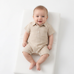 Baby Boy Plaid Polo Romper – Soft Cotton Short Sleeve Bodysuit with Collar & Buttons (3-24M)    Mimou Babywear
