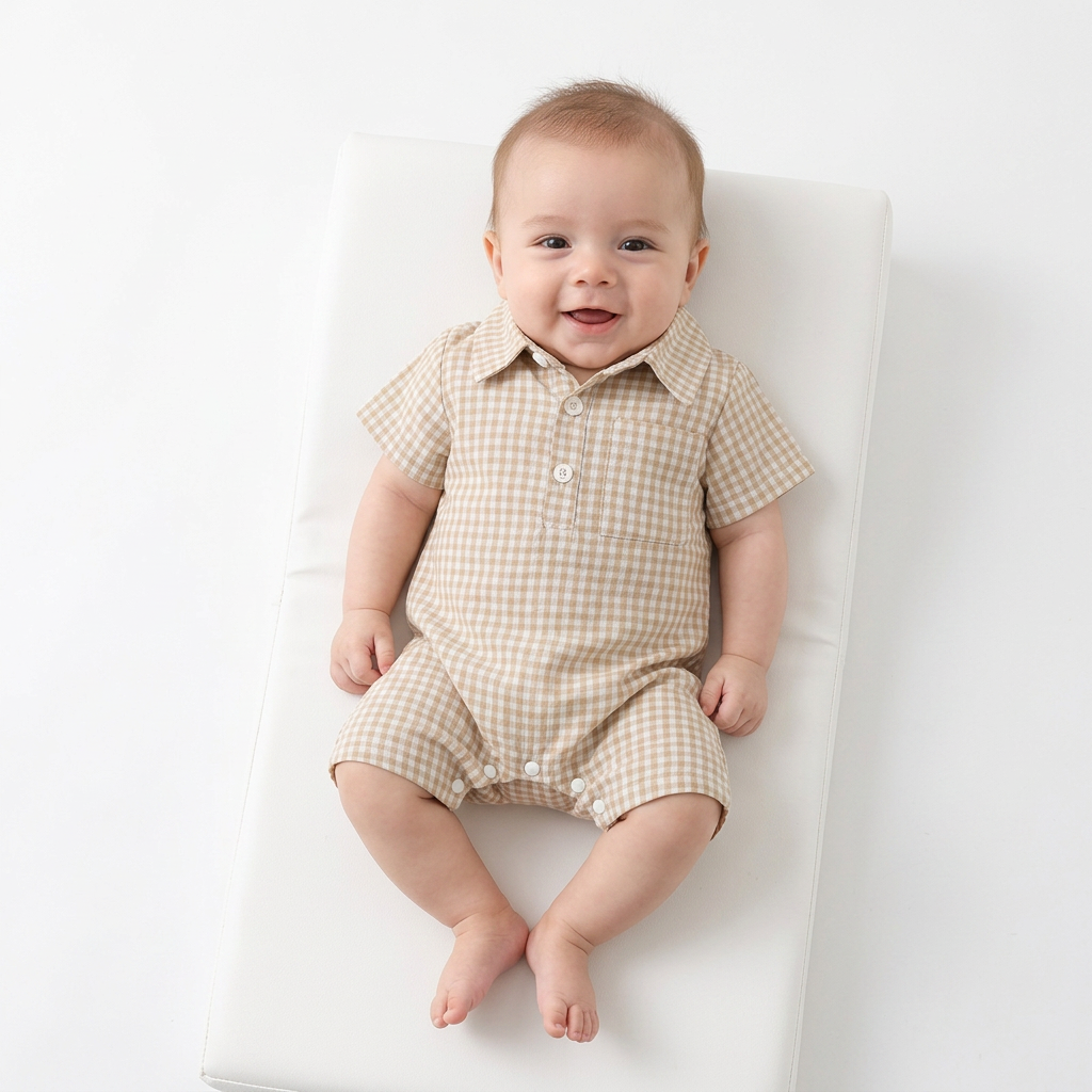 Baby Boy Plaid Polo Romper – Soft Cotton Short Sleeve Bodysuit with Collar & Buttons (3-24M)    Mimou Babywear