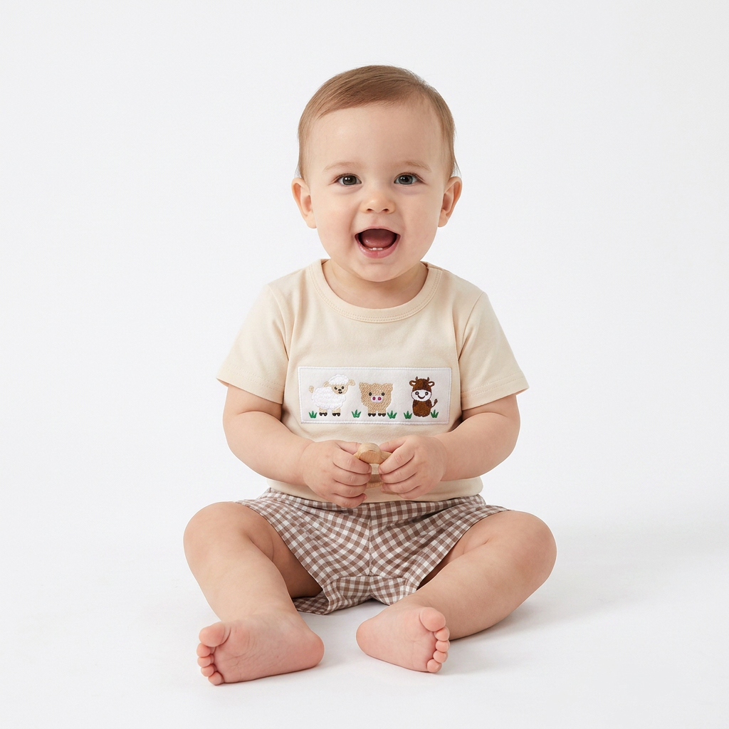 Baby Boy Farm Animals 2-Piece Set – Cotton Short Sleeve Top & Plaid Shorts (12-36M)    Mimou Babywear