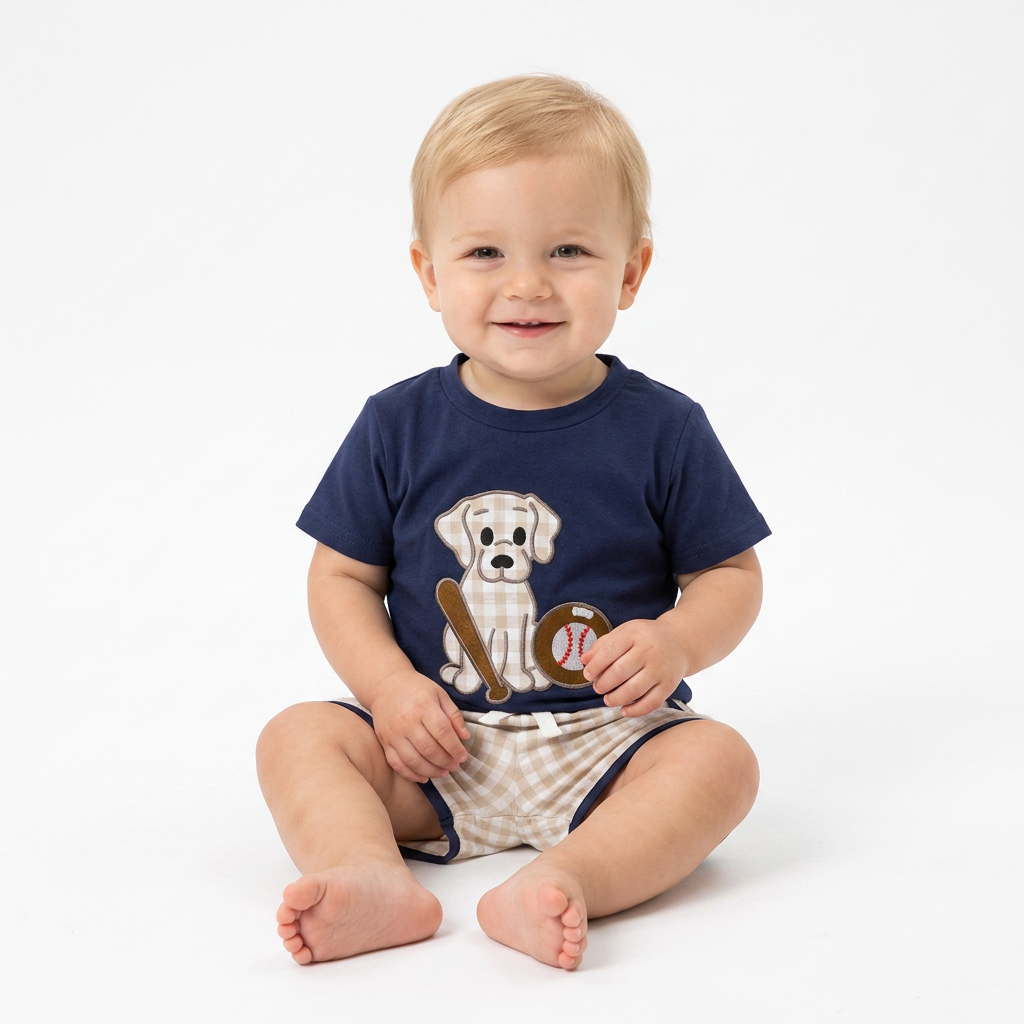 Baby Boy Dog & Baseball 2-Piece Set – Cotton Short Sleeve Top & Plaid Shorts (18-36M)    Mimou Babywear