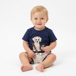 Baby Boy Dog & Baseball 2-Piece Set – Cotton Short Sleeve Top & Plaid Shorts (18-36M)    Mimou Babywear