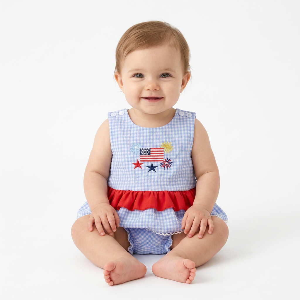 4th of July Baby Girl Outfit – Embroidered Tank Top & Plaid Shorts 2-Piece Set (6–36M)    Mimou Babywear