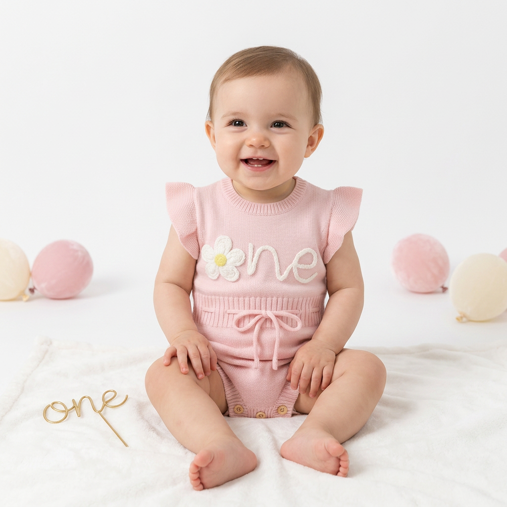 Baby Girl Birthday Knit Romper – Floral Embroidery Flutter Sleeve Bodysuit (12–18M)    Mimou Babywear