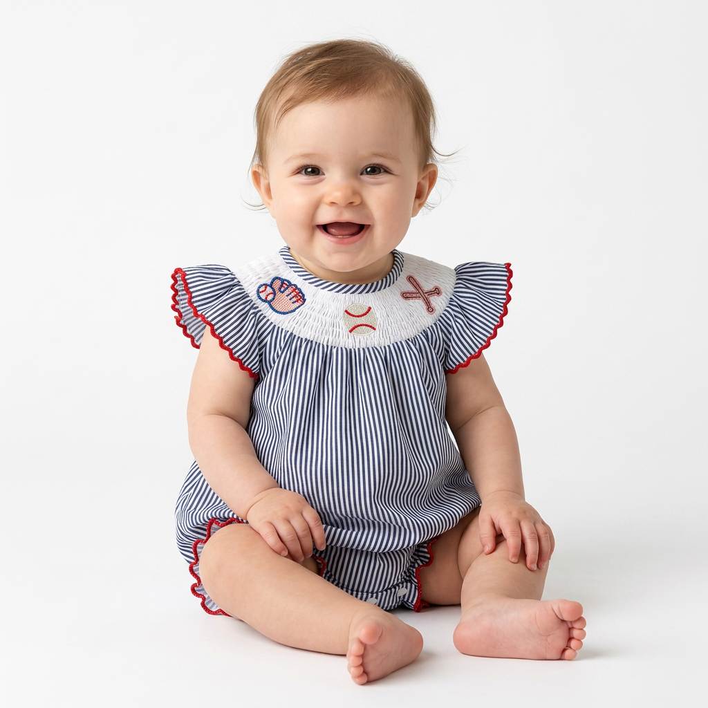 Baby Girl Baseball Embroidery Romper – Striped Flutter Sleeve Smocked Jumpsuit (0–18M)    Mimou Babywear