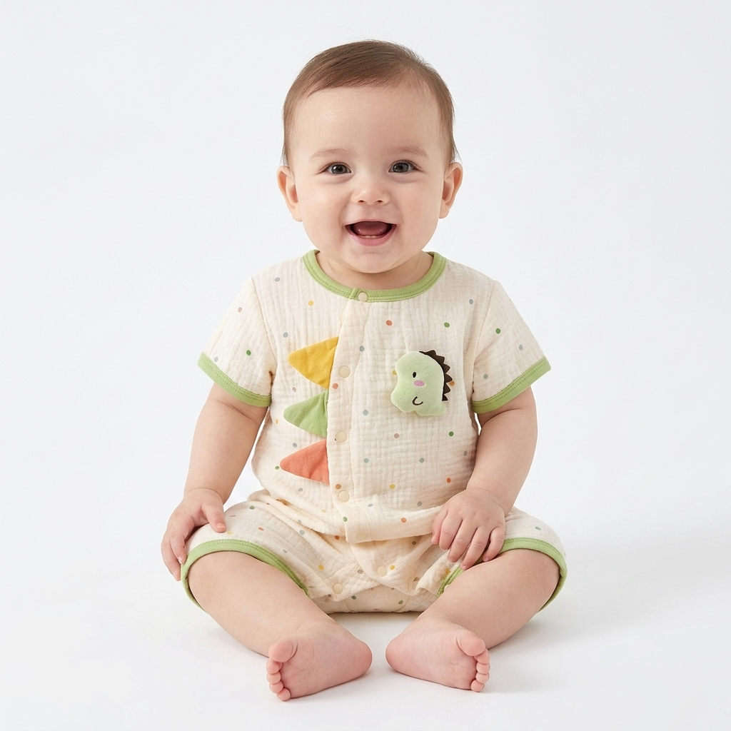 Little Dino Muslin Romper baby lifestyle photo