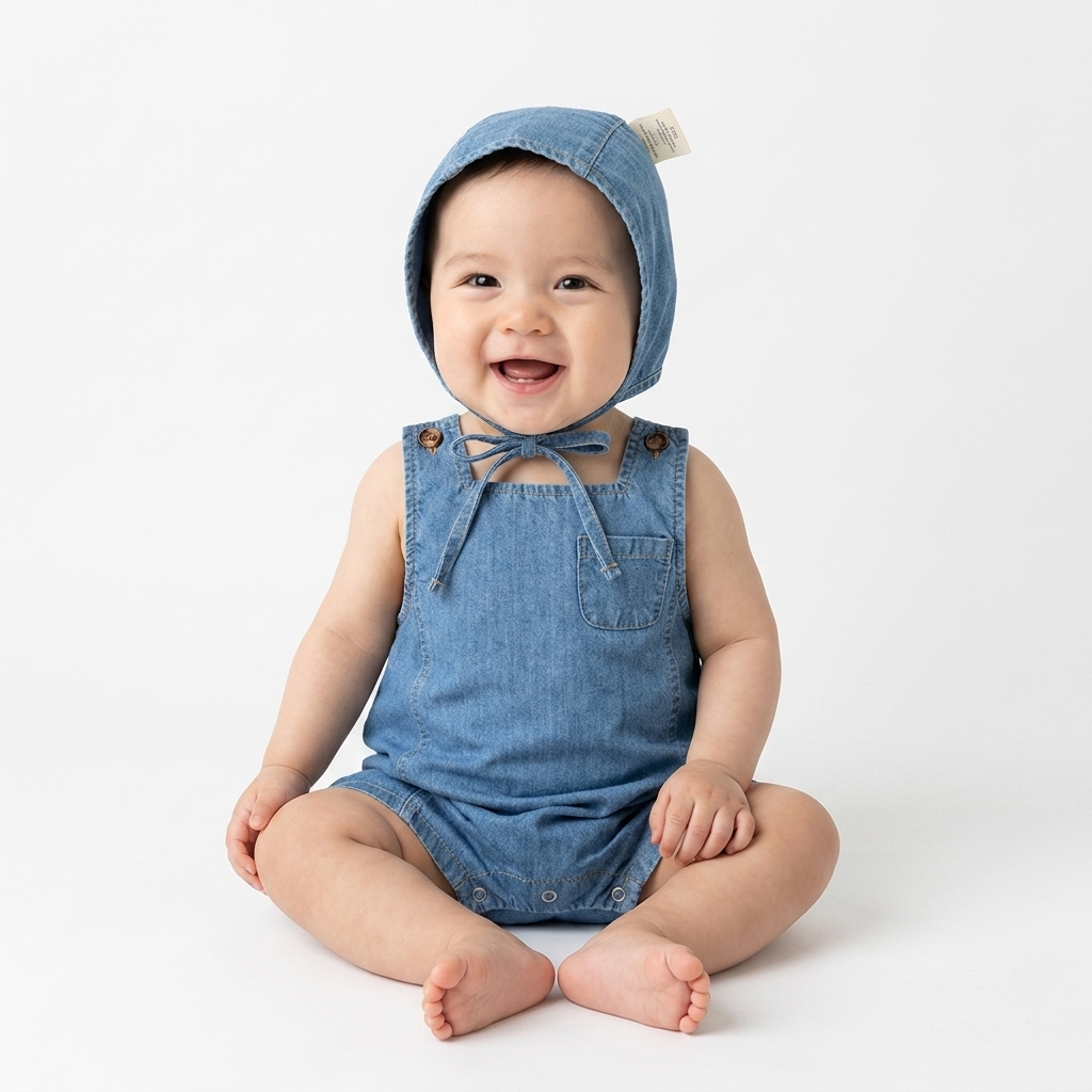 Denim Dungaree Romper & Bonnet Set baby lifestyle photo