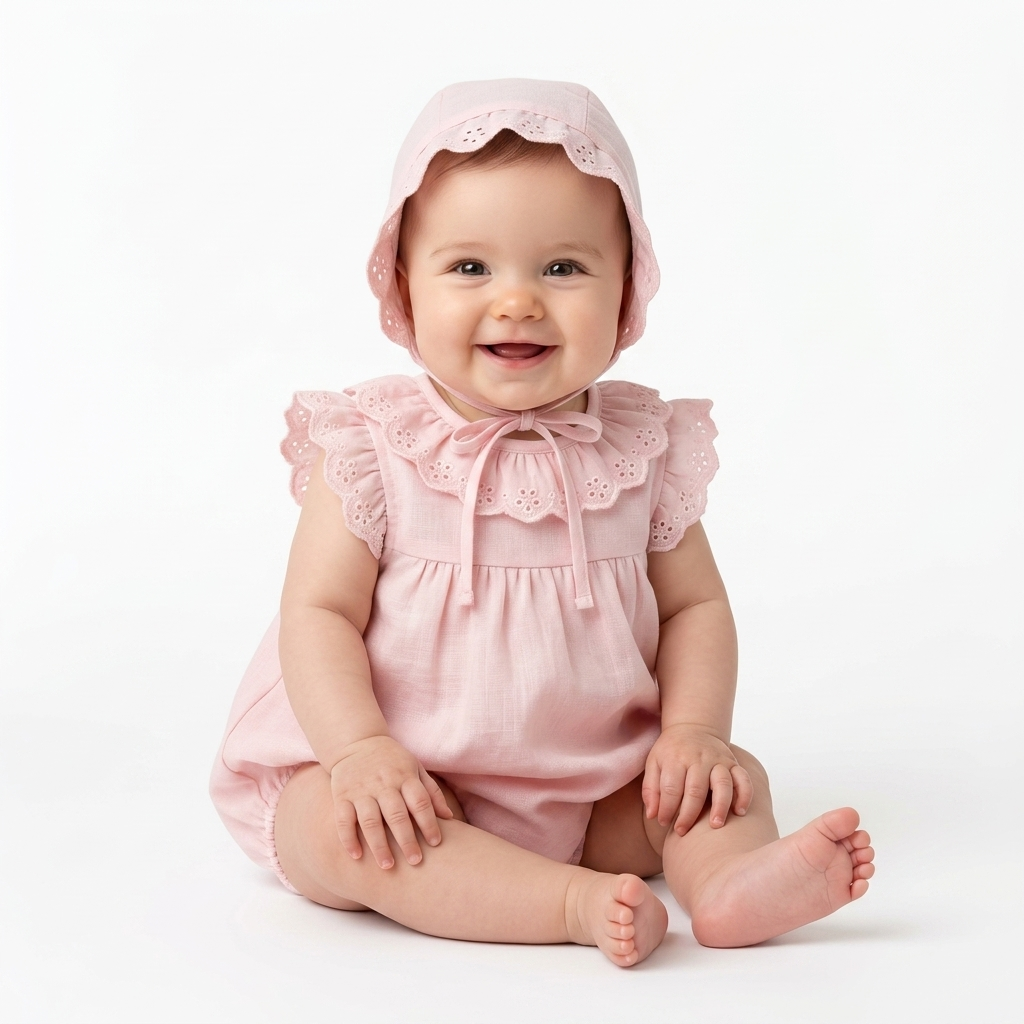 Pink Eyelet Lace Collar Romper & Bonnet Set baby girl lifestyle photo
