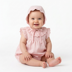 Pink Eyelet Lace Collar Romper & Bonnet Set baby girl lifestyle photo
