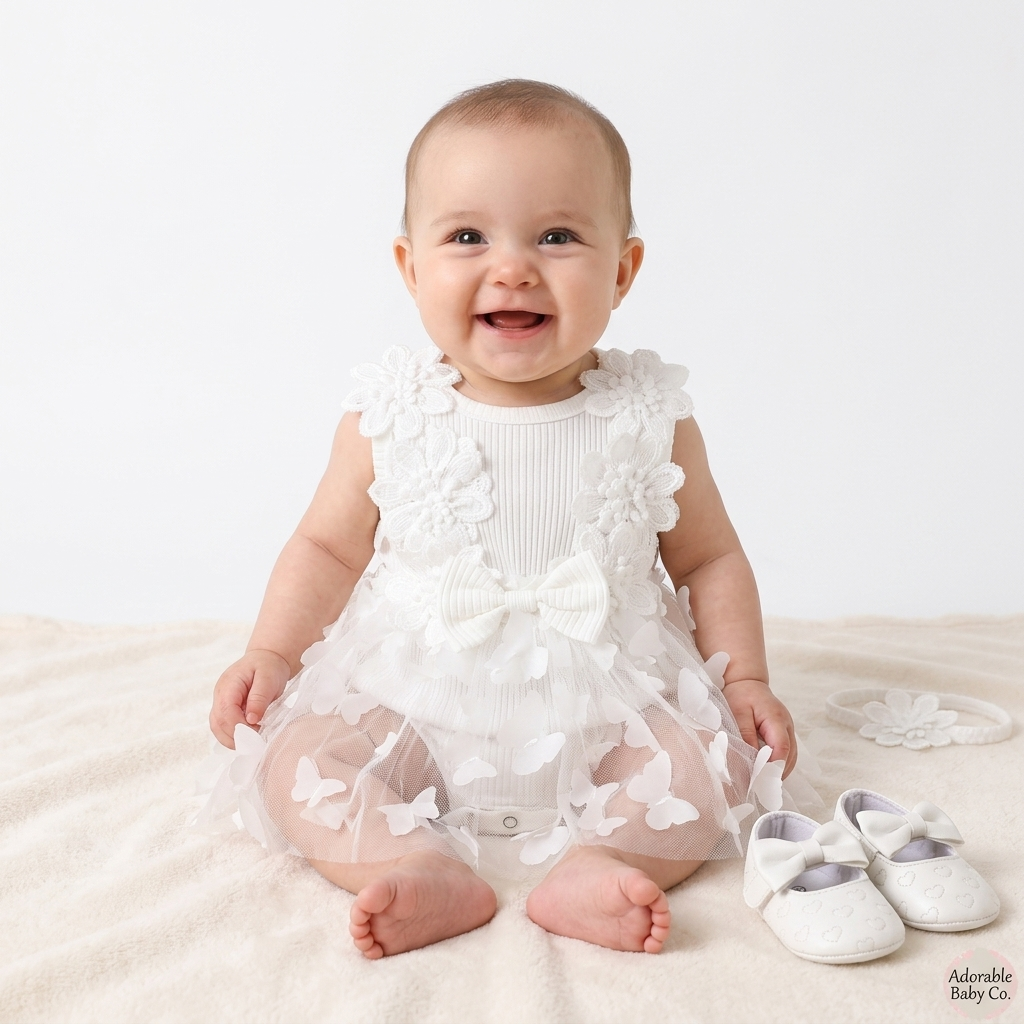White Floral Tulle Dress Romper baby girl lifestyle photo