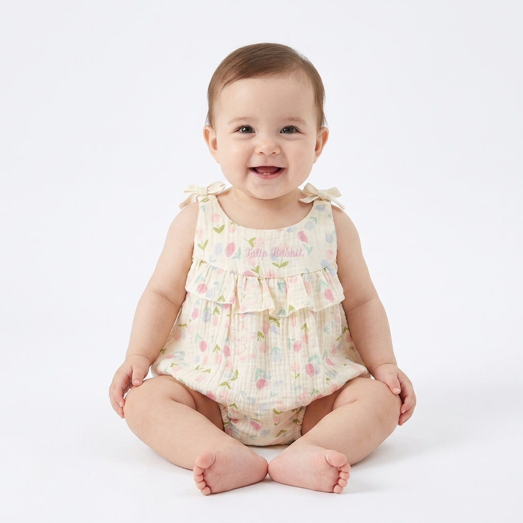 Watercolor Tulip Muslin Romper baby girl lifestyle photo