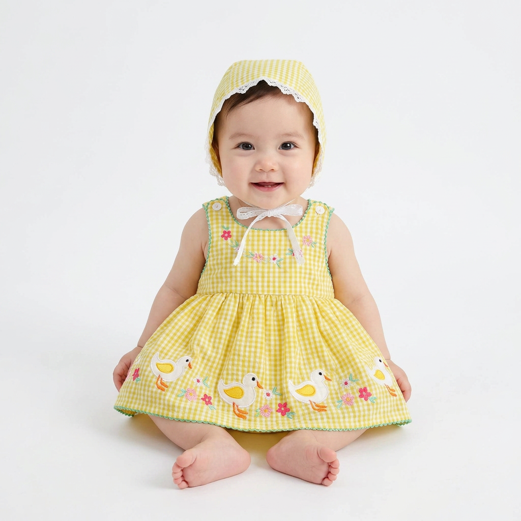 Yellow Gingham Duck Romper Dress & Bonnet Set baby girl lifestyle photo
