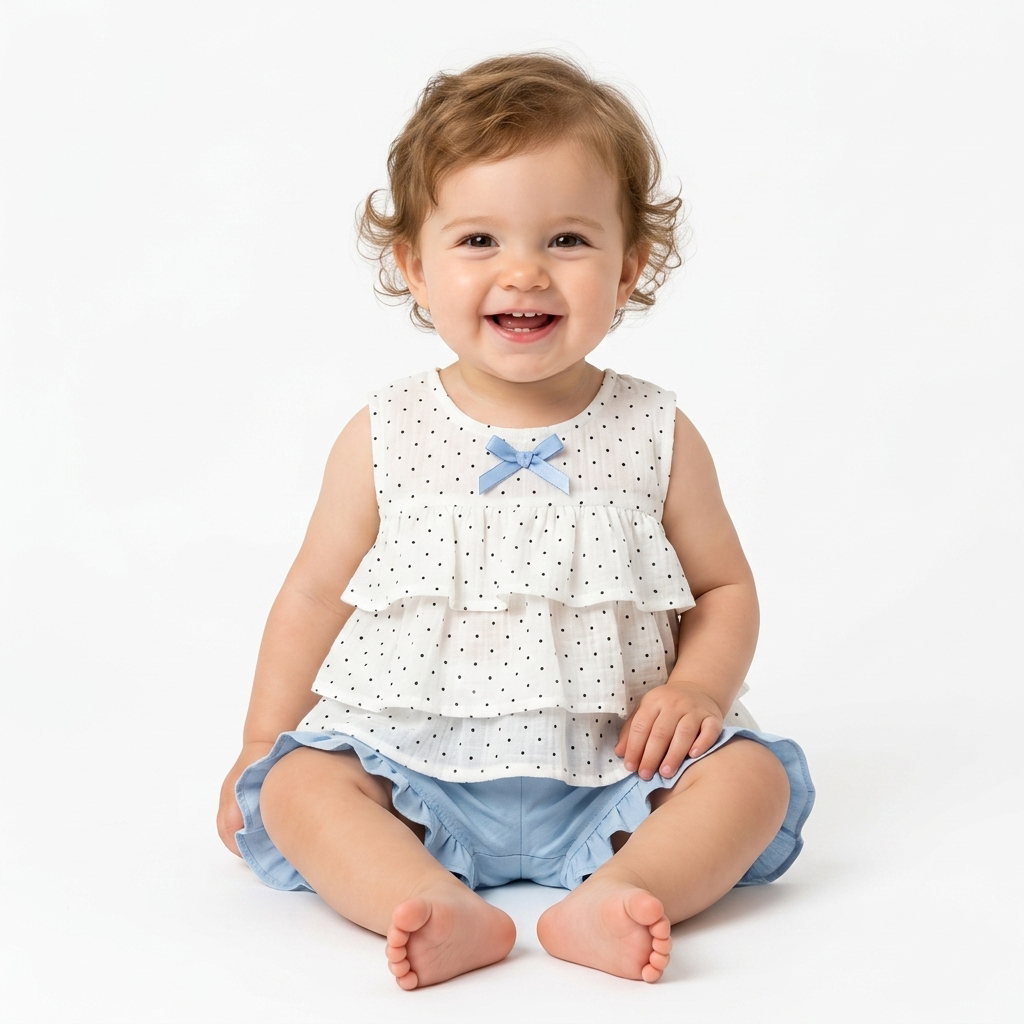 Polka Dot Tiered Ruffle Top & Blue Shorts Set toddler lifestyle photo