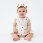 Cherry Print Muslin Romper Dress & Bow Headband Set baby girl lifestyle photo