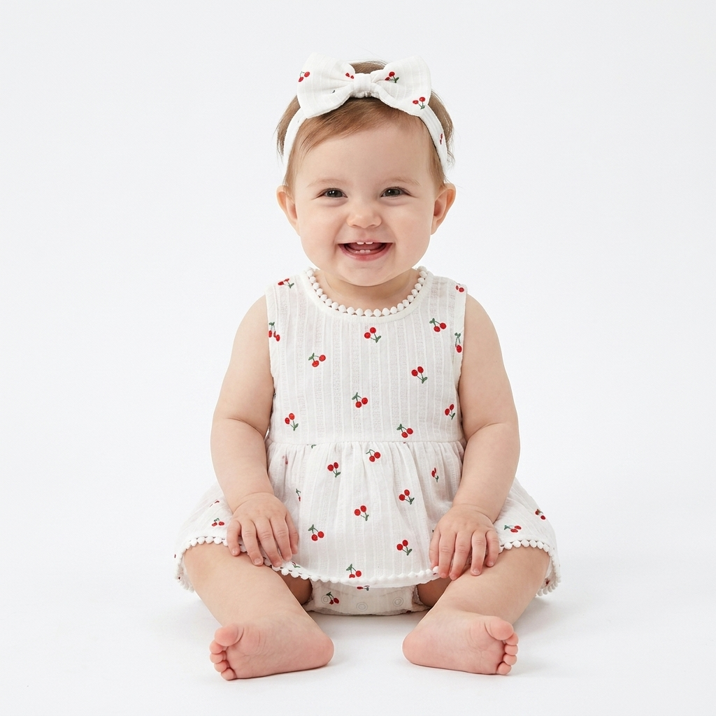 Cherry Print Muslin Romper Dress & Bow Headband Set baby girl lifestyle photo