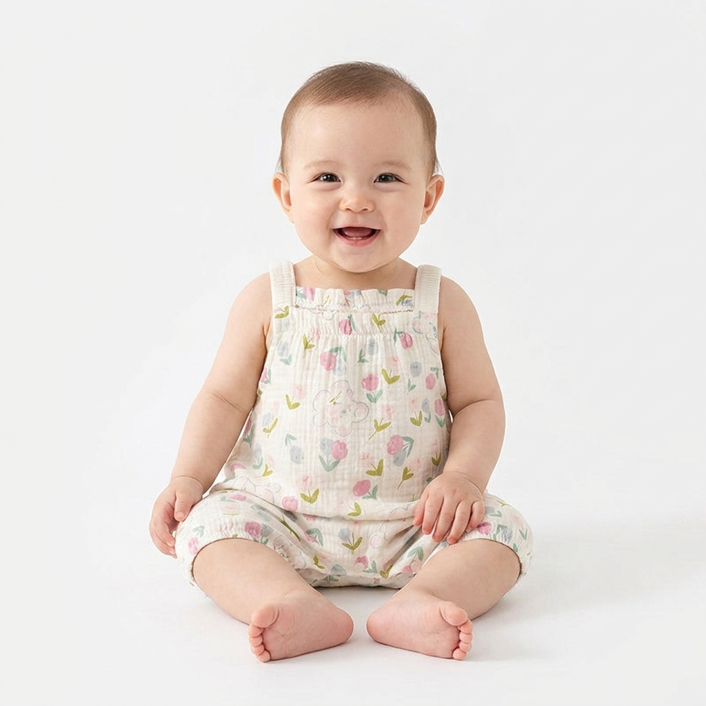 Floral Bear Muslin Dungaree Romper baby lifestyle photo