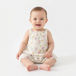 Floral Bear Muslin Dungaree Romper baby lifestyle photo