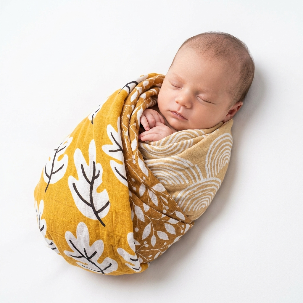 Botanical Print Muslin Swaddle Blanket newborn lifestyle photo
