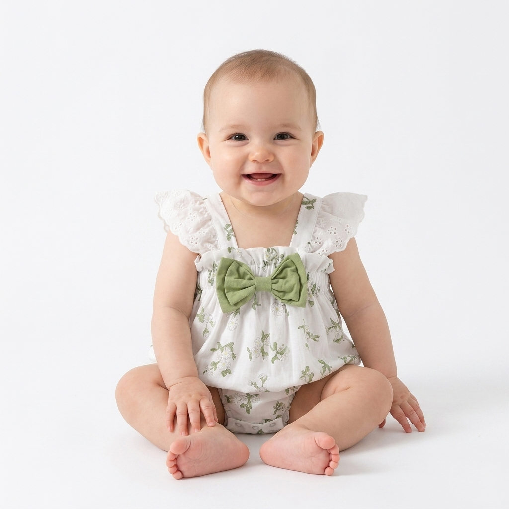 White Botanical Eyelet Romper baby girl lifestyle photo