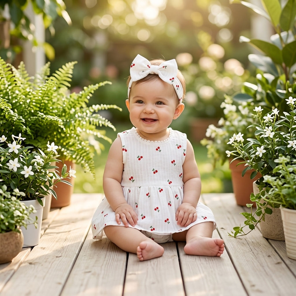 Cherry Print Muslin Romper Dress lifestyle photo outdoor terrace