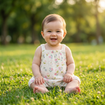 Floral Bear Muslin Dungaree Romper lifestyle photo outdoor park