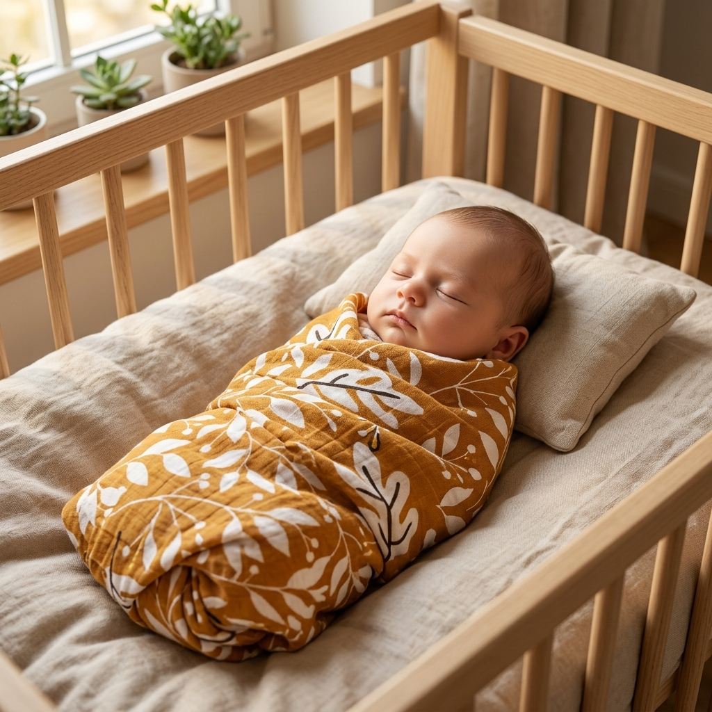 Botanical Print Muslin Swaddle Blanket lifestyle photo nursery