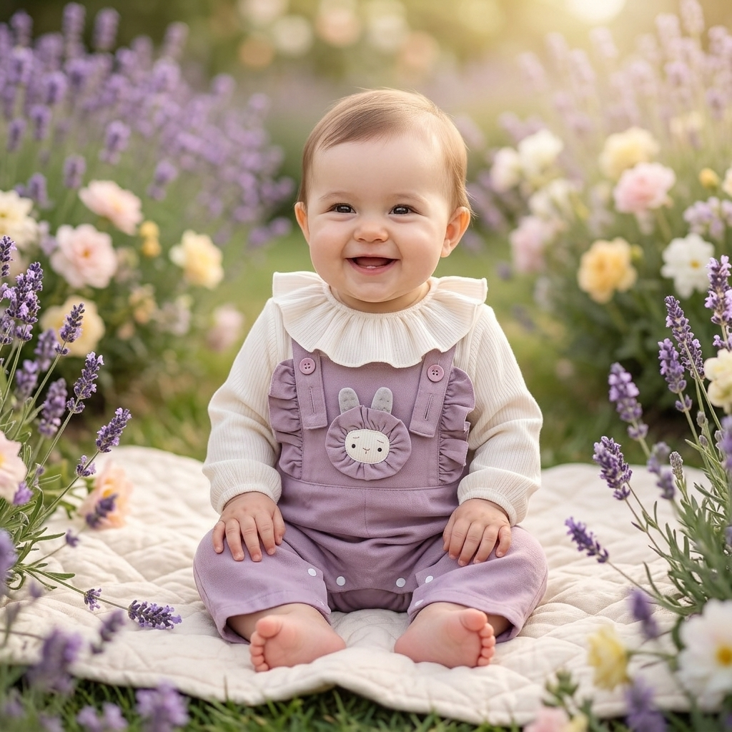 Lavender Bunny Dungaree Set lifestyle photo spring garden
