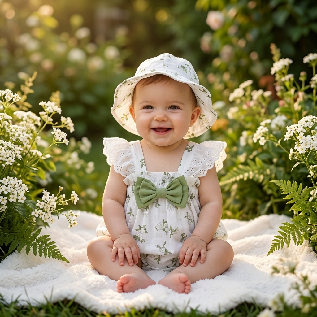 White Botanical Eyelet Romper lifestyle photo garden golden hour