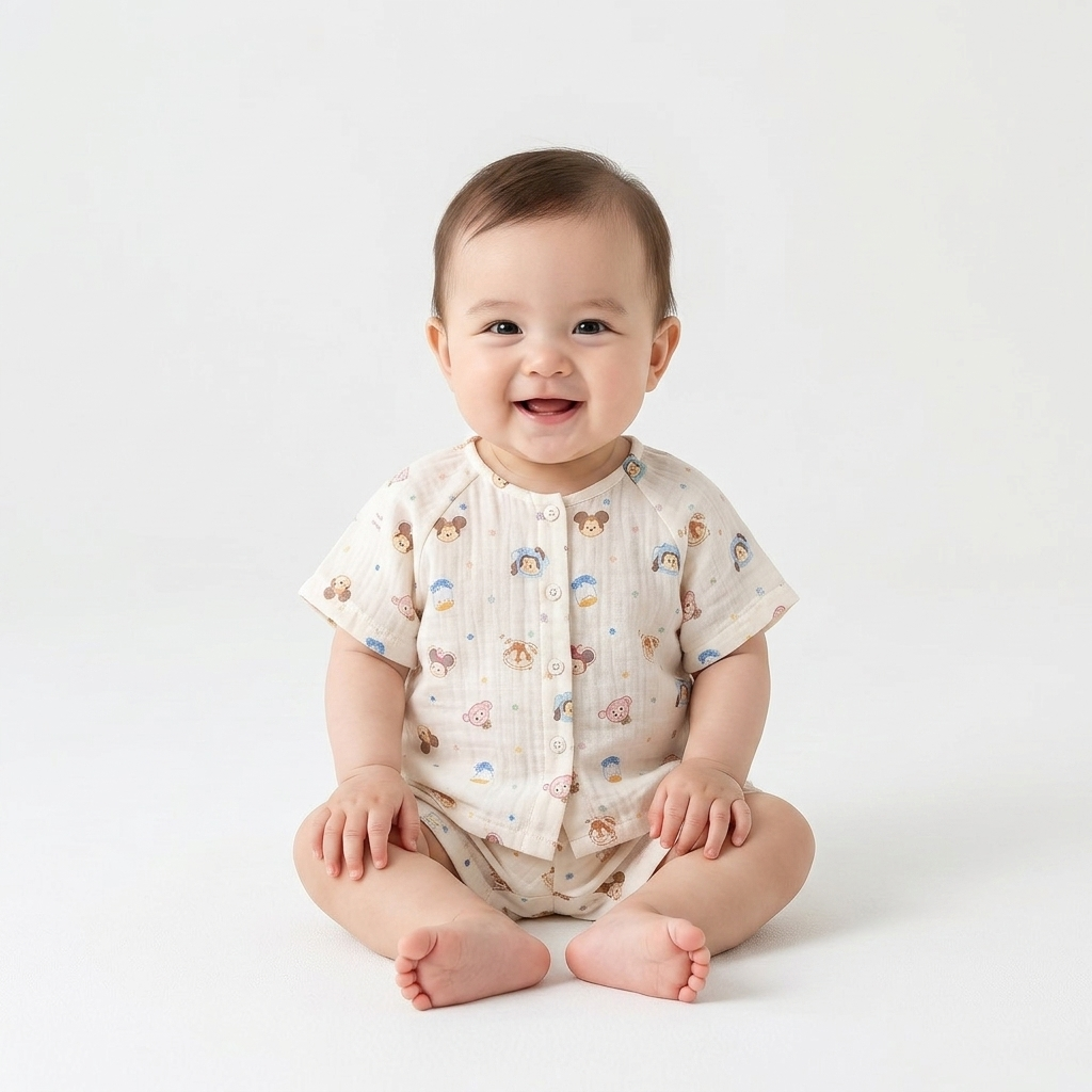 Cartoon Animal Muslin Short Sleeve Set baby lifestyle photo