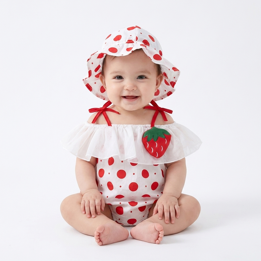 Strawberry Polka Dot Romper & Bucket Hat Set baby girl lifestyle photo