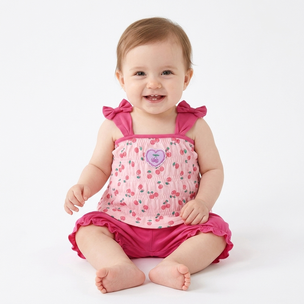 Cherry Heart Smocked Top & Bloomer Shorts Set baby girl lifestyle photo