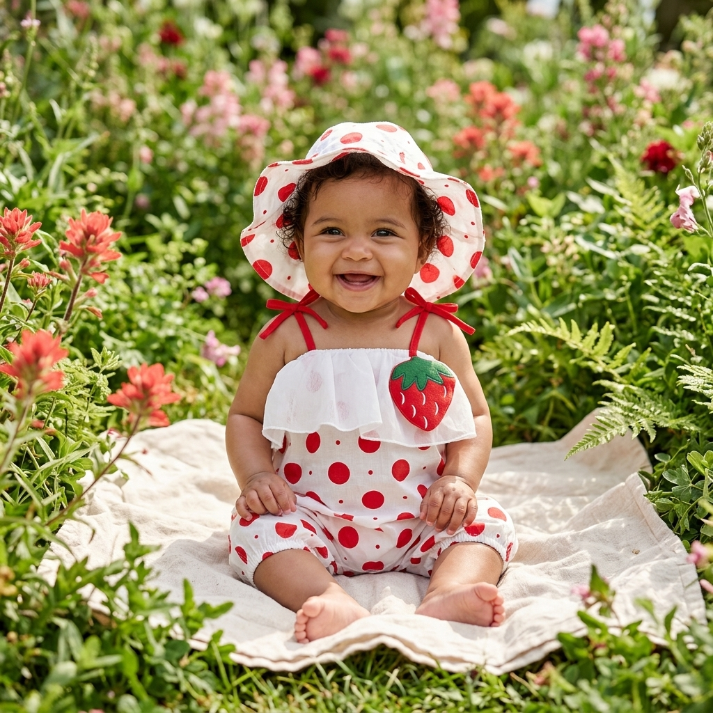 Strawberry Polka Dot Romper & Bucket Hat Set lifestyle photo summer garden