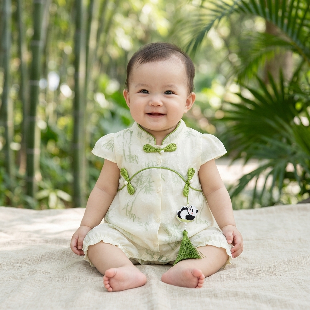 Bamboo & Panda Tassel Romper lifestyle photo garden natural