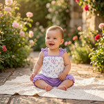 Cherry Heart Smocked Top & Bloomer Shorts lifestyle photo garden golden hour