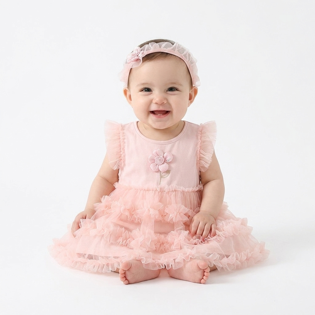 Pink Tulle Flower Romper Dress & Headband Set baby girl lifestyle photo