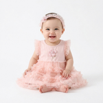 Pink Tulle Flower Romper Dress & Headband Set baby girl lifestyle photo