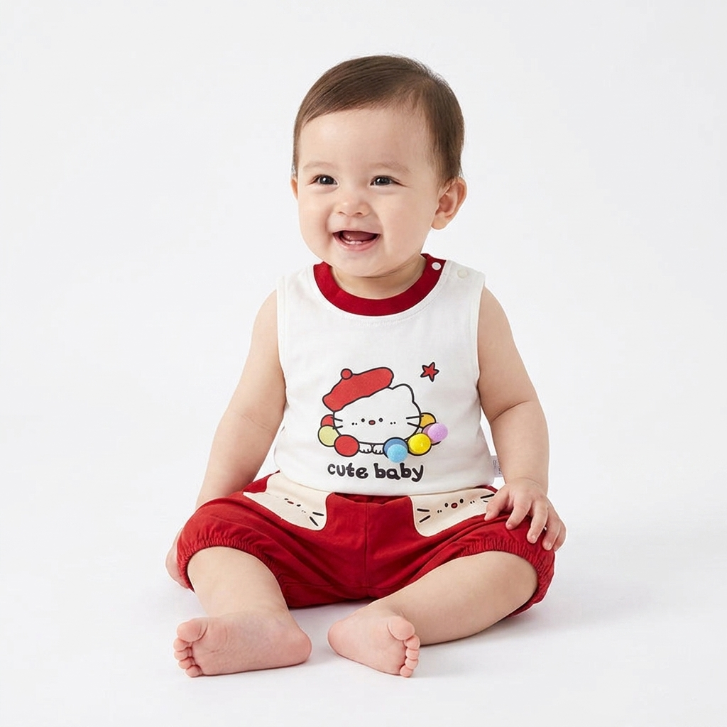 Cute Baby Cat Vest & Red Shorts Set baby lifestyle photo