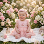 Pink Tulle Flower Romper Dress & Headband Set lifestyle photo blooming garden