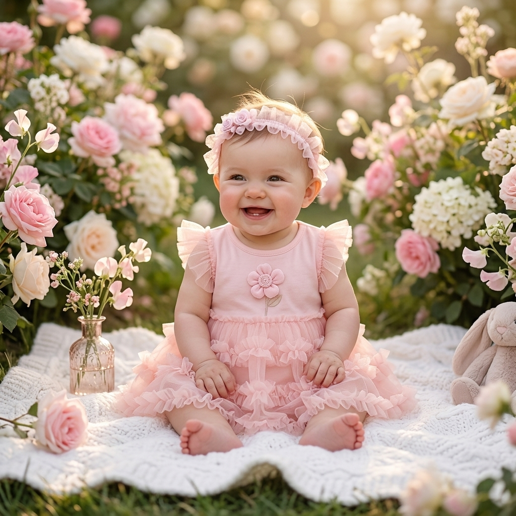 Pink Tulle Flower Romper Dress & Headband Set lifestyle photo blooming garden
